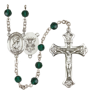 Sterling Silver 6mm Austrian Crystal Saint Christopher / Navy Rosary in Emerald