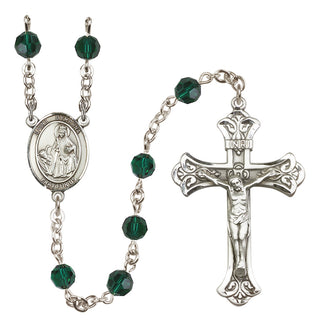 Sterling Silver 6mm Austrian Crystal Saint Dymphna Rosary in Emerald