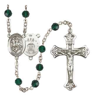 Sterling Silver 6mm Austrian Crystal Saint George / Air Force Rosary in Emerald