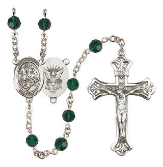 Sterling Silver 6mm Austrian Crystal Saint George / Navy Rosary in Emerald