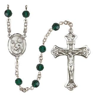 Sterling Silver 6mm Austrian Crystal Saint Kevin Rosary in Emerald