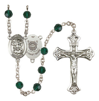 Sterling Silver 6mm Austrian Crystal Saint Michael / Coast Guard Rosary in Emerald