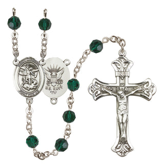 Sterling Silver 6mm Austrian Crystal Saint Michael / Navy Rosary in Emerald