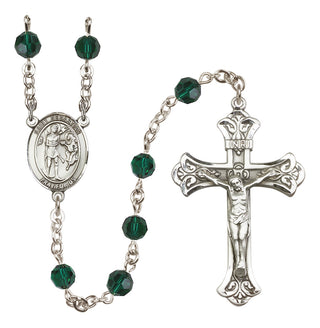 Sterling Silver 6mm Austrian Crystal Saint Sebastian Rosary in Emerald