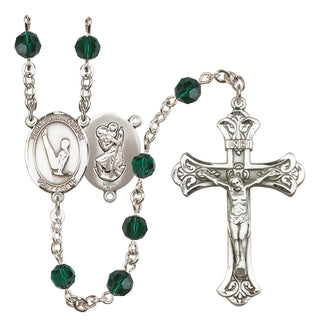 Sterling Silver 6mm Austrian Crystal Saint Christopher/Gymnastics Rosary in Emerald