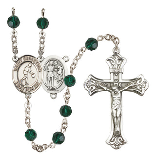 Sterling Silver 6mm Austrian Crystal Saint Sebastian/Basketball Rosary in Emerald