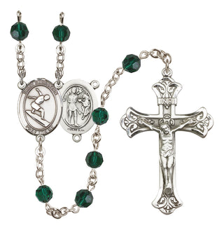 Sterling Silver 6mm Austrian Crystal Saint Sebastian/Surfing Rosary in Emerald