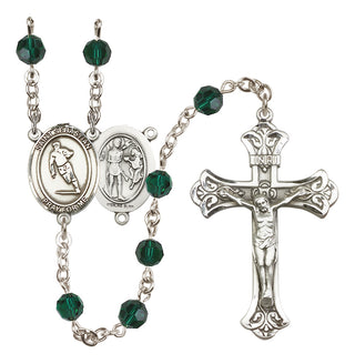 Sterling Silver 6mm Austrian Crystal Saint Sebastian / Rugby Rosary in Emerald