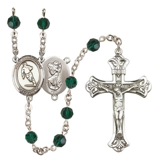 Sterling Silver 6mm Austrian Crystal Saint Christopher / Rugby Rosary in Emerald