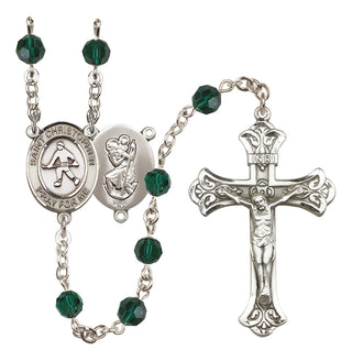 Sterling Silver 6mm Austrian Crystal Saint Christopher / Field Hockey Rosary in Emerald