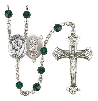 Sterling Silver 6mm Austrian Crystal Saint Christopher/Baseball Rosary in Emerald