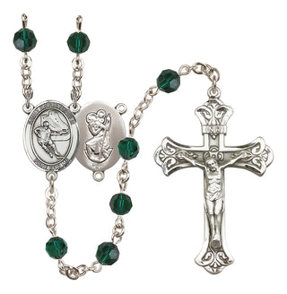 Sterling Silver 6mm Austrian Crystal Saint Christopher/Hockey Rosary in Emerald