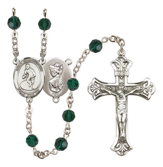 Sterling Silver 6mm Austrian Crystal Saint Christopher/Wrestling Rosary in Emerald