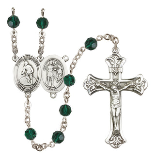 Sterling Silver 6mm Austrian Crystal Saint Sebastian/Wrestling Rosary in Emerald