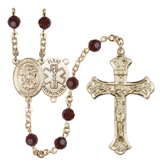 14 Karat Gold-Filled 6mm Austrian Crystal Saint Michael/1St Responder Rosary in Garnet