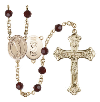 14 Karat Gold-Filled 6mm Austrian Crystal Saint Christopher/Golf Rosary in Garnet