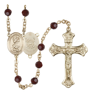 14 Karat Gold 6mm Austrian Crystal Saint Christopher / Coast Guard Rosary in Garnet