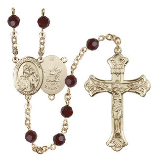 14 Karat Gold 6mm Austrian Crystal Saint Joan of Arc / Navy Rosary in Garnet