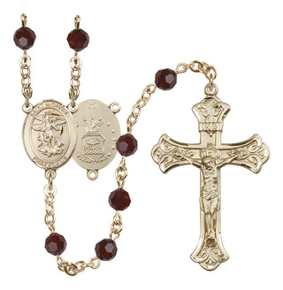 14 Karat Gold 6mm Austrian Crystal Saint Michael / Air Force Rosary in Garnet