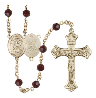 14 Karat Gold 6mm Austrian Crystal Saint Michael / Coast Guard Rosary in Garnet