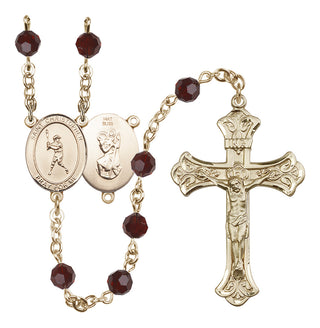 14 Karat Gold 6mm Austrian Crystal Saint Christopher/Baseball Rosary in Garnet