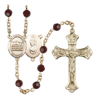 14 Karat Gold 6mm Austrian Crystal Saint Christopher/Swimming Rosary in Garnet