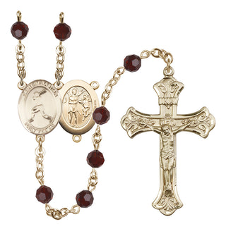 14 Karat Gold 6mm Austrian Crystal Saint Sebastian/Baseball Rosary in Garnet