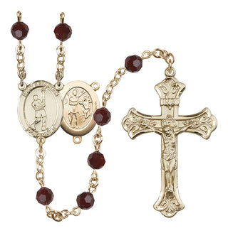 14 Karat Gold 6mm Austrian Crystal Saint Sebastian/Lacrosse Rosary in Garnet