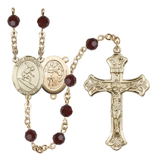 14 Karat Gold 6mm Austrian Crystal Saint Sebastian/Surfing Rosary in Garnet