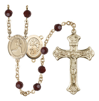 14 Karat Gold 6mm Austrian Crystal Saint Sebastian/Track & Field Rosary in Garnet