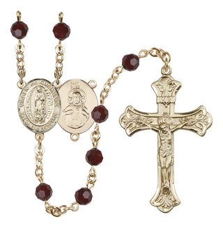 14 Karat Gold 6mm Austrian Crystal Virgen de Guadalupe Rosary in Garnet
