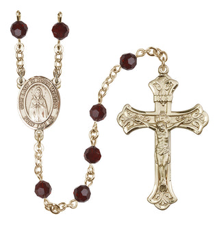 14 Karat Gold 6mm Austrian Crystal Our Lady of Rosa Mystica Rosary in Garnet