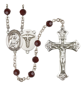 Sterling Silver 6mm Austrian Crystal Saint Camillus of Lellis / Nurse Rosary in Garnet