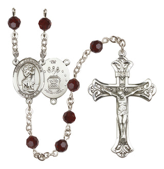 Sterling Silver 6mm Austrian Crystal Saint Christopher / Air Force Rosary in Garnet