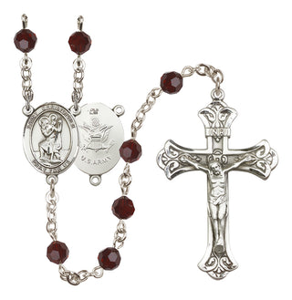 Sterling Silver 6mm Austrian Crystal Saint Christopher / Army Rosary in Garnet