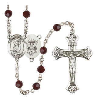 Sterling Silver 6mm Austrian Crystal Saint Christopher / Navy Rosary in Garnet