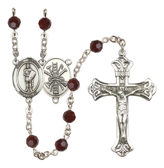 Sterling Silver 6mm Austrian Crystal Saint Florian/Firefighter Rosary in Garnet