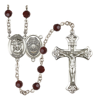 Sterling Silver 6mm Austrian Crystal Saint Michael the Archangel/Policeman Rosary in Garnet