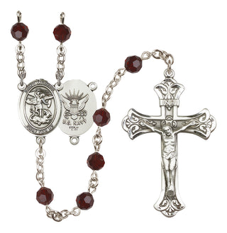 Sterling Silver 6mm Austrian Crystal Saint Michael / Navy Rosary in Garnet
