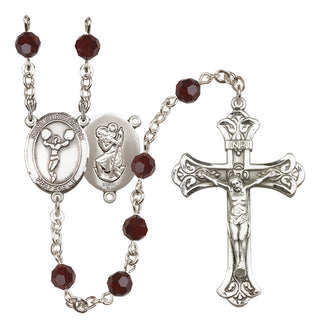 Sterling Silver 6mm Austrian Crystal Saint Christopher/Cheerleading Rosary in Garnet