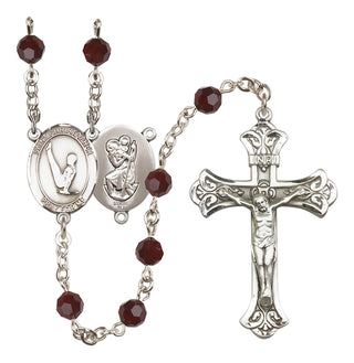 Sterling Silver 6mm Austrian Crystal Saint Christopher/Gymnastics Rosary in Garnet