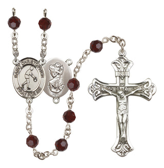 Sterling Silver 6mm Austrian Crystal Saint Christopher/Basketball Rosary in Garnet