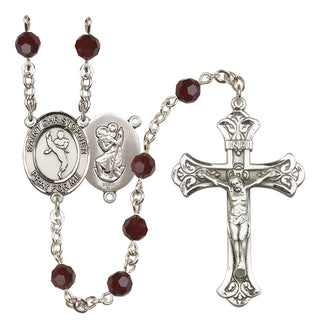 Sterling Silver 6mm Austrian Crystal Saint Christopher/Martial Arts Rosary in Garnet