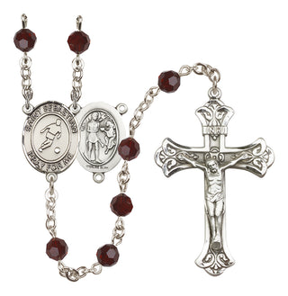 Sterling Silver 6mm Austrian Crystal Saint Sebastian/Soccer Rosary in Garnet