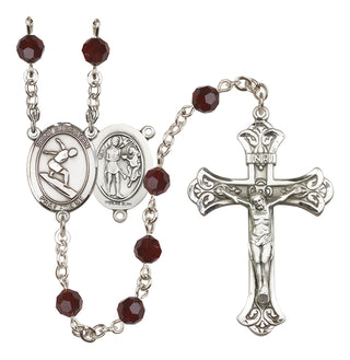 Sterling Silver 6mm Austrian Crystal Saint Sebastian/Surfing Rosary in Garnet
