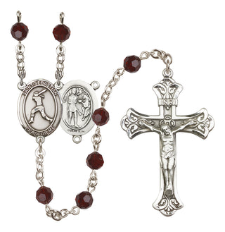 Sterling Silver 6mm Austrian Crystal Saint Sebastian / Softball Rosary in Garnet