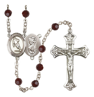 Sterling Silver 6mm Austrian Crystal Saint Christopher / Rugby Rosary in Garnet