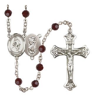 Sterling Silver 6mm Austrian Crystal Saint Christopher/Wrestling Rosary in Garnet
