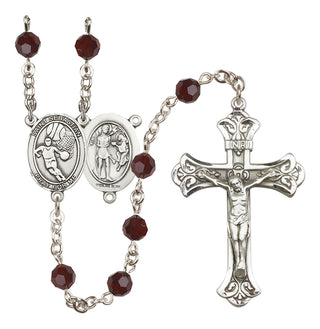 Sterling Silver 6mm Austrian Crystal Saint Sebastian/Basketball Rosary in Garnet