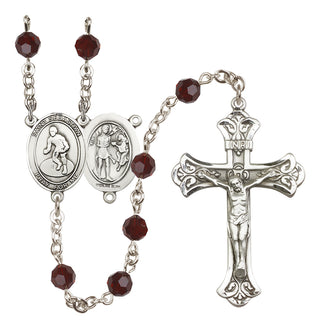 Sterling Silver 6mm Austrian Crystal Saint Sebastian/Wrestling Rosary in Garnet